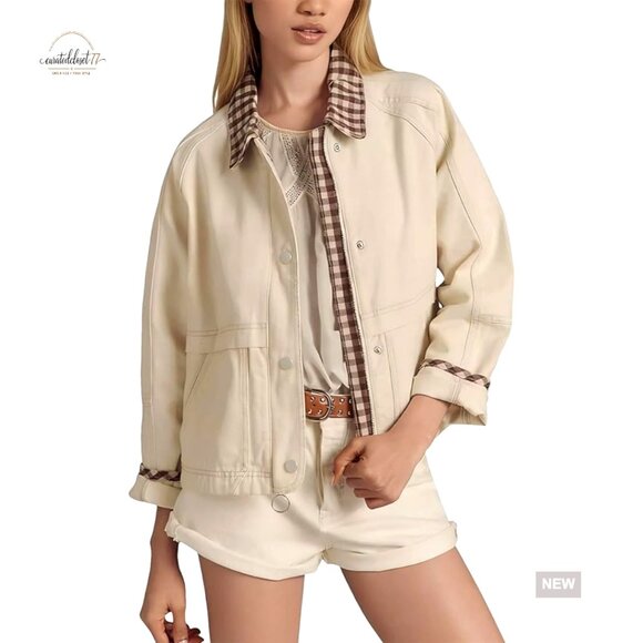 Women's Cropped Bomber Jacket Plaid Windproof Casual Spring Cotton